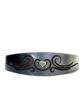 MishaGirl Handmade Thin Black Engraved Leather Bracelet, Gold Heart Bead